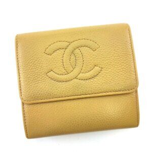 CHANEL W Wallet Coco Mark Beige Caviar Skin Authentic USED T20099